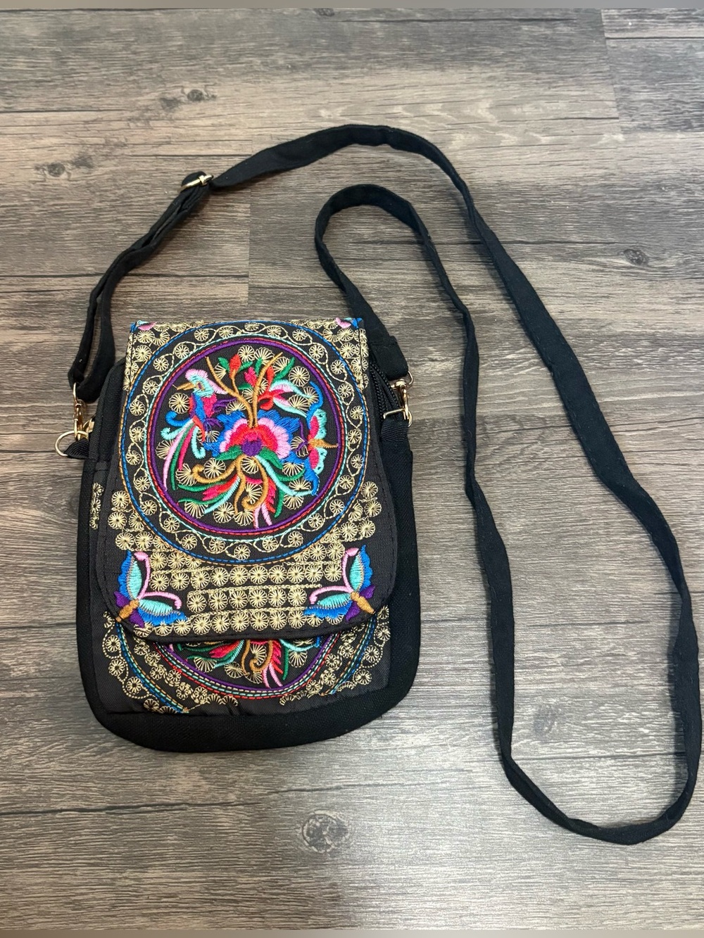 Black Embroidered Floral Crossbody Bag with Multicolor Accents